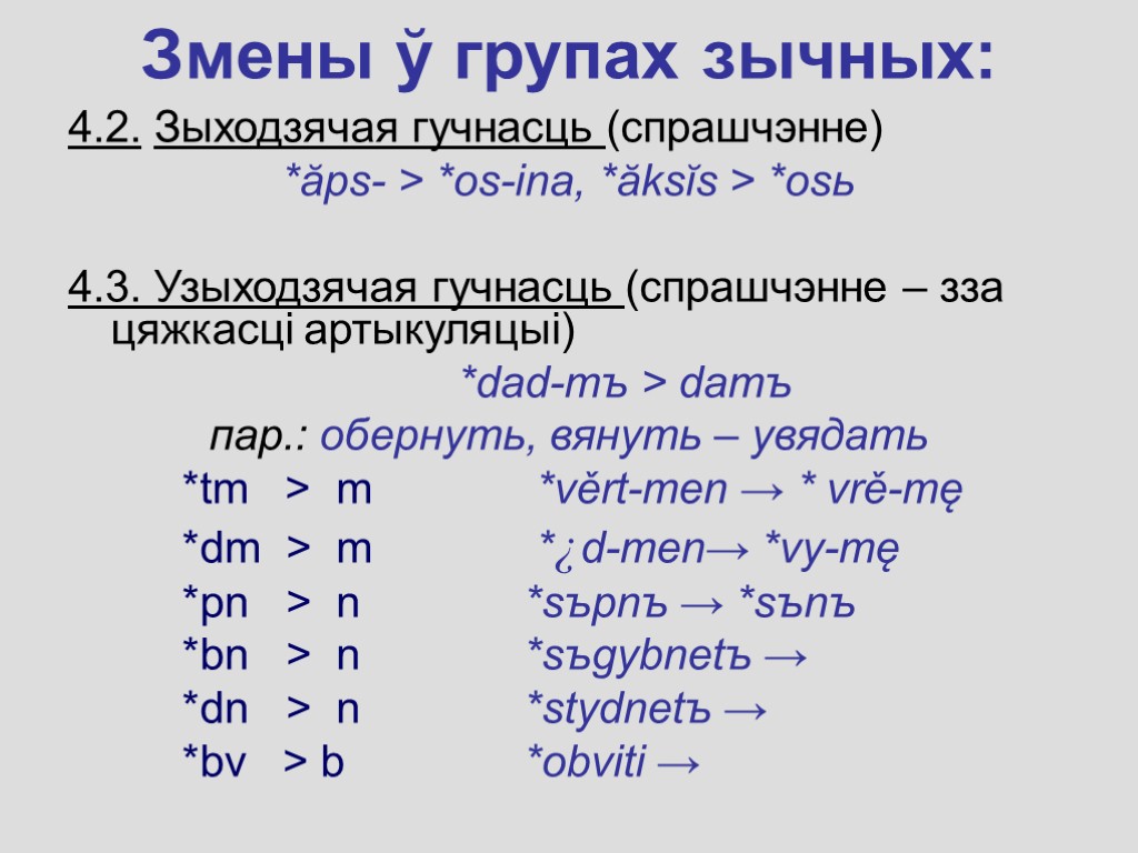 Змены ў групах зычных: 4.2. Зыходзячая гучнасць (спрашчэнне) *ăps- > *os-ina, *ăksĭs > *osь